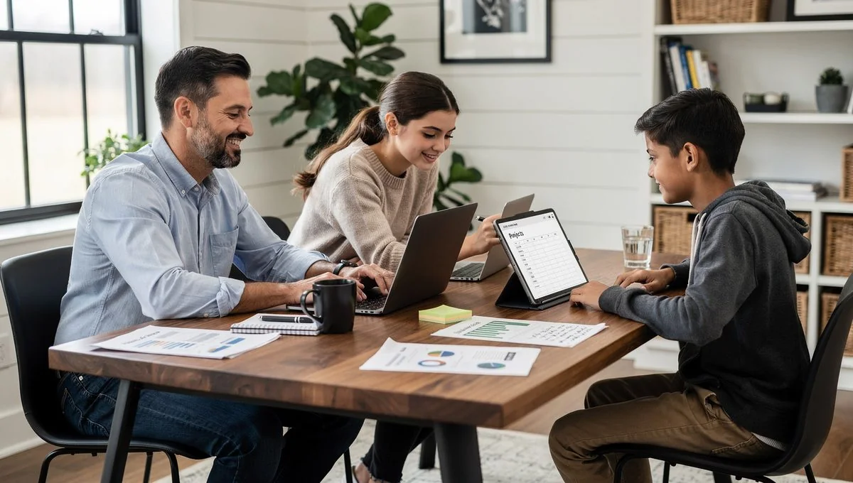 A father and his two kids working together at a table with laptops